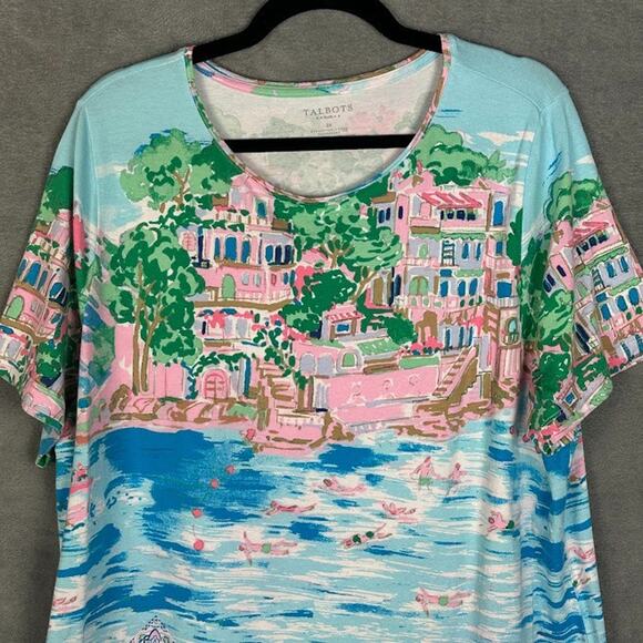 Talbots Top Womens 3X Pink Short Sleeve Tropical Resort Preppy Stretch Comfort - Picture 2 of 13